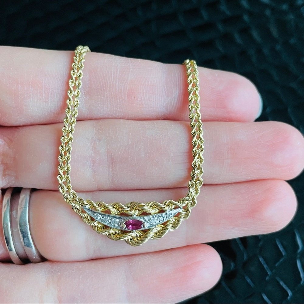 ESTATE 14K GOLD RUBY NECKLACE W/ DIAMONDS DOUBLE ROPE CHAIN - Picture 8 of 11